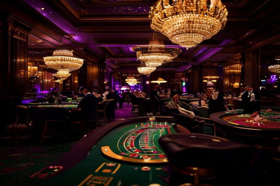 Rulett- és blackjack-asztalok egy esti rendezvényen